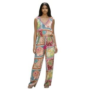 Naudic Patchwork Jumpsuit Womens Medium Boho Colorful Lace Beach Hippie Peasant